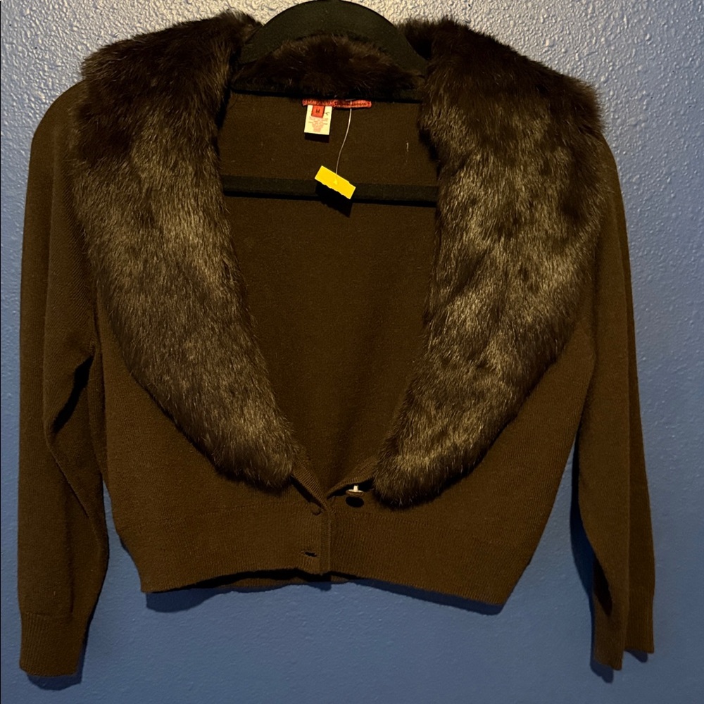 Elegant Black Sweater with Faux Fur Collar